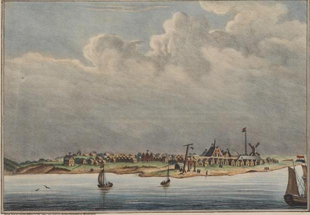 "As it appeared about the year 1640, while under the Dutch Government. Copied from an ancient Etching of the same size Publd. by Justus Danckers, at Amsterdam. Printed and Published by H. R. Robinson, 52 Courtlandt Street New York" Courtesy Museum of the City of New York