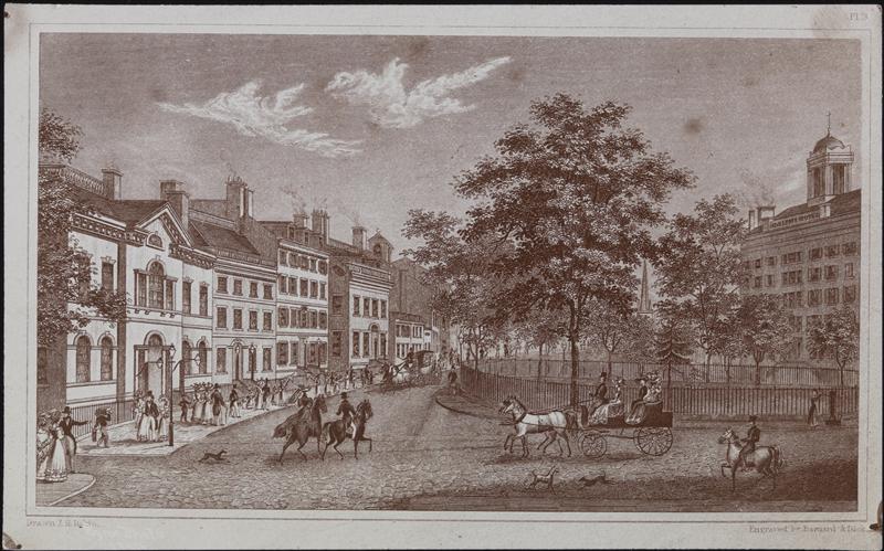 Street Scenes, Broadway, Bowling Green, Trinity Church, 1830. -- An engraving by "Barnard & Dick" made in 1910. Courtesy the Museum of the City of New York