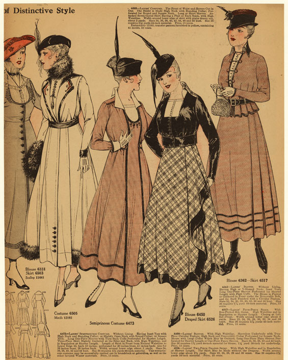 Ladies' Costume (6505) ; Blouse (6362) ; Ladies' Four-Piece Skirt (6517) ; Blouse (6450) ; Ladies' Two-Piece Draped Skirt (6526) ; Ladies' Semiprincess Costume (6473) ; Motifs (12193) ; Blouse (6331) ; Skirt (6503) ; Scallop (11661). Courtesy New York Public Library
