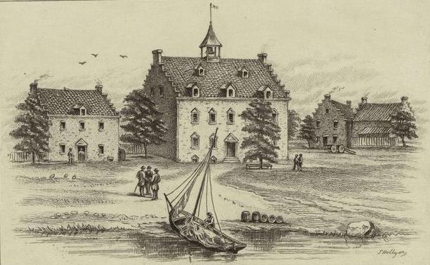 New Amsterdam 1642. The boat depicted would have been much like the vessel used to ferry passengers. Courtesy New York Public Library