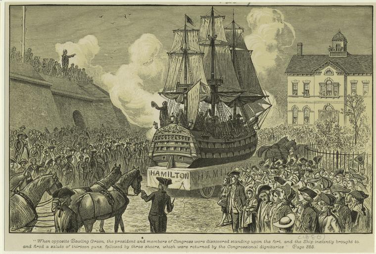 Ship On A Parade Float Drawn By Horses Past Bowling Green, New York, 18th Century. (Courtesy New York Public Library)