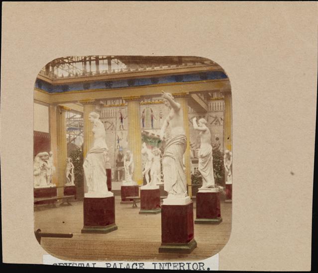 A hand-colored stereoscope of a selection of Crystal Palace statuary. There seems to be some kind of Egyptian thing going on in the background! Courtesy Museum of City of New York