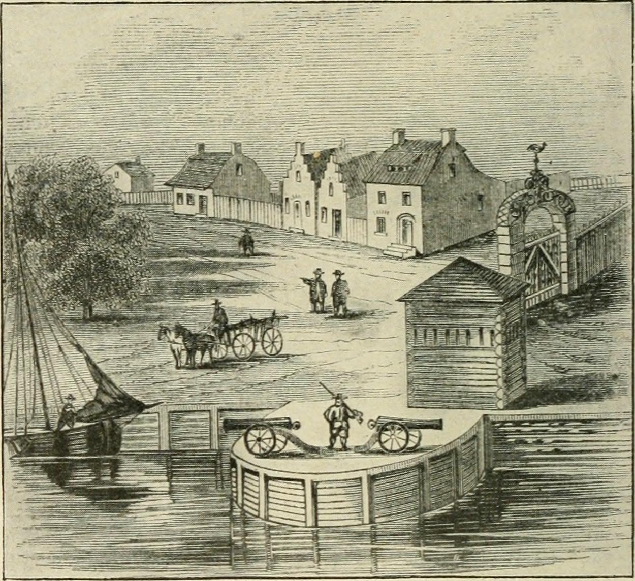 "The Plaine" -- where the trees are to the left -- is where Bowling Green would eventually be constructed. This depicts the early Dutch years. (Courtesy the Internet Book Archive)