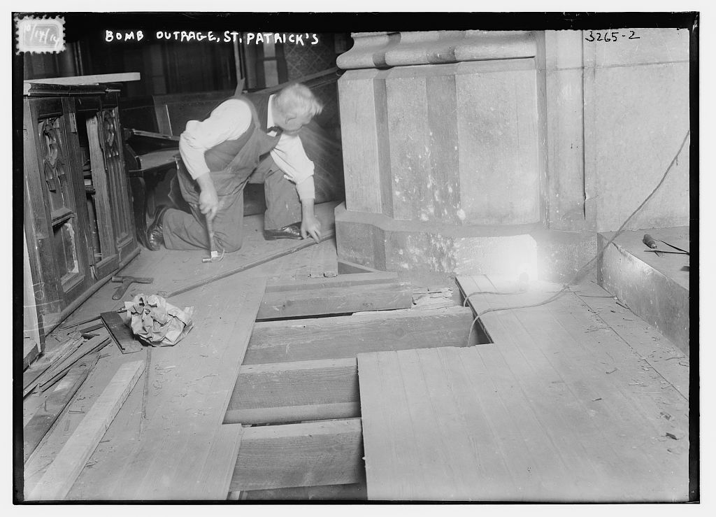 Photograph shows damage after an anarchist bomb explosion at St. Patrick's Cathedral, New York City. (Source: Flickr Commons project, 2011 and Washington Herald, Oct. 15, 1914) Forms part of: George Grantham Bain Collection (Library of Congress).