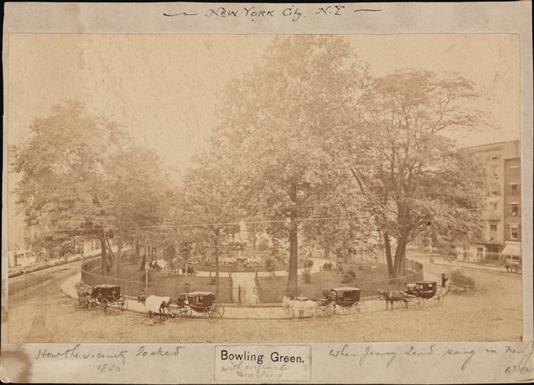 Bowling Green, how the vacinity looked in 1850 whnen Jenny Lind sang in New York.  (Courtesy Museum of the City of New  York)