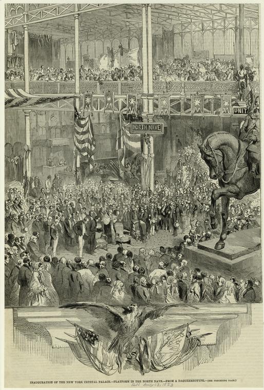 Another view of the inside, this time during the inauguration of the New York Crystal Palace in July 1853 -- looking at a platform in the north nave. Courtesy New York Public Library 