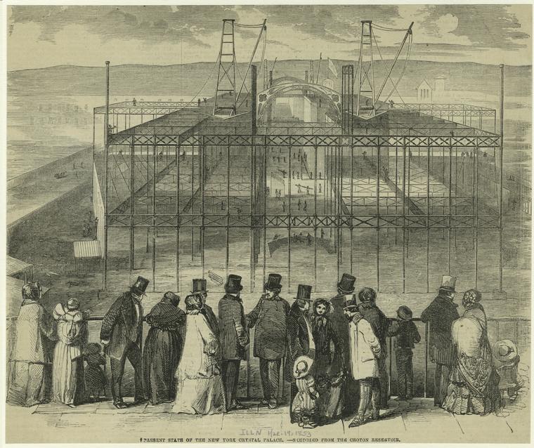 A look into the pit surrounding the Crystal Palace during construction. There were many delays, somewhat sullying the lofty ambitions of the project at the very start. Courtesy New York Public Library
