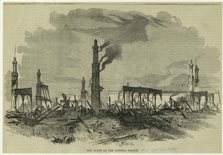 An illustration made in 1858, depicting the aftermath of the horrible fire that destroyed the Crystal Palace. NYPL