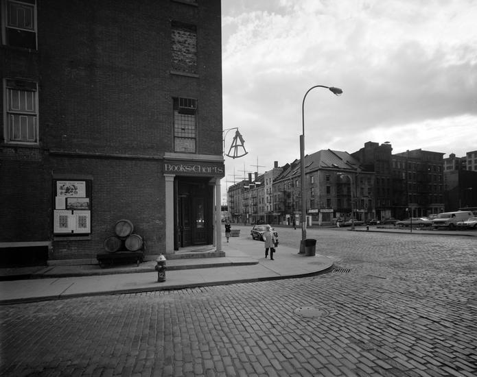 Fulton and Water streets with Schermerhorn Row in the distance. Photo by Edmund V Gillon (courtesy the Museum of the City of New York)