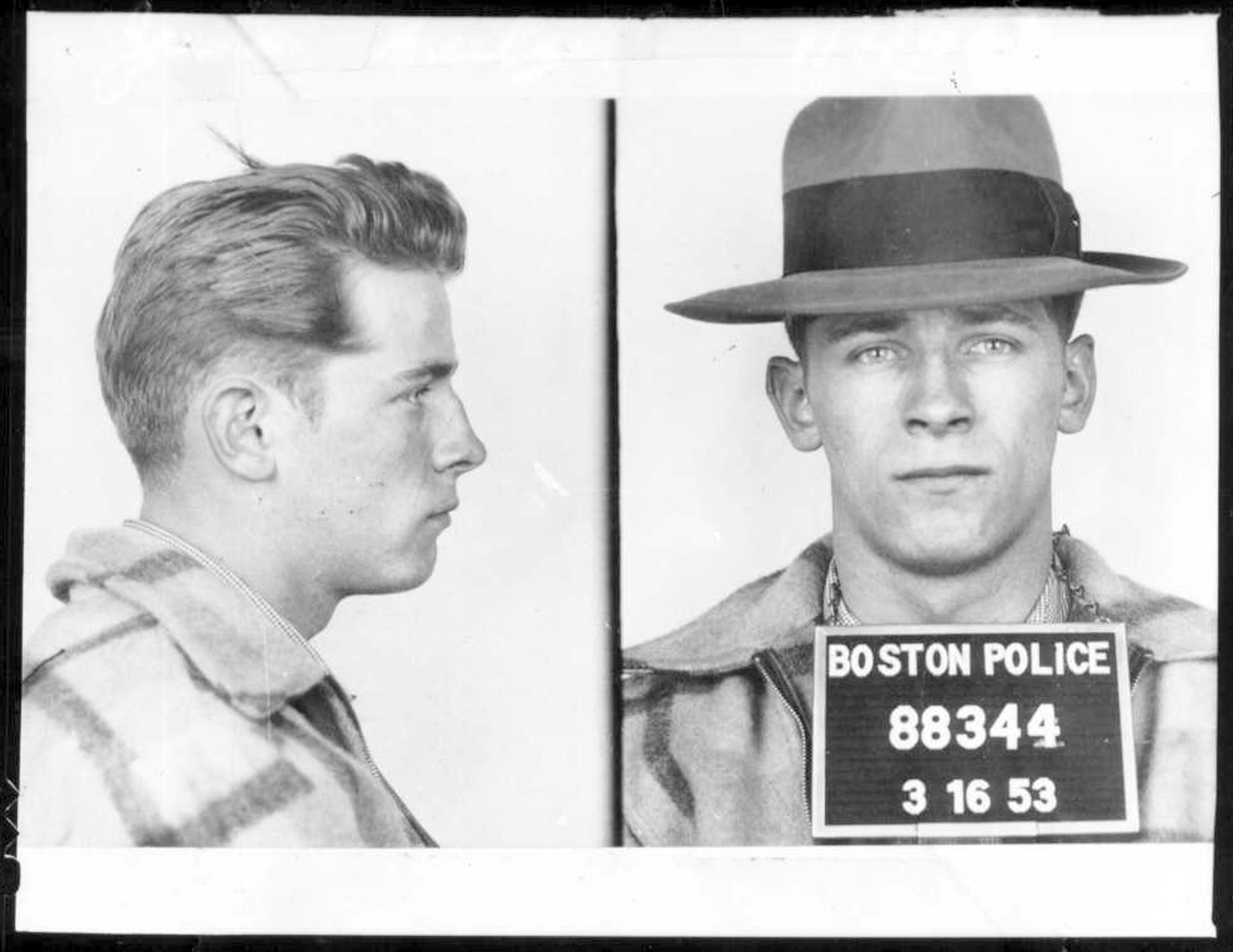 This 1953 Boston police booking photo shows James "Whitey" Bulger after an arrest.. (AP Photo/Boston Police)