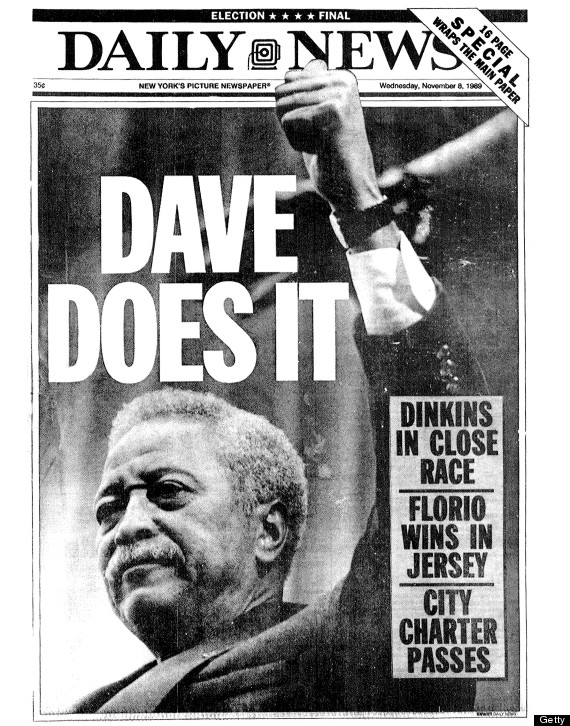 UNITED STATES - NOVEMBER 08: Daily News front page dated Nov. 8, 1989, Headlines: DAVE DOES IT, Dinkins in close race, Florio wins in jersey, City Charter passes, David Dinkins elected Mayor of New York City (Photo by NY Daily News Archive via Getty Images)