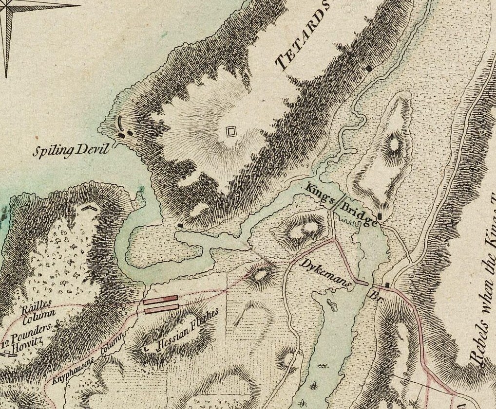 Excerpt from the Battle Of Fort Washington Map By Sauthier showing original course of Spuyten Duyvil Creek, and locations of King's Bridge, Dyckman's Bridge, and Marble Hill area then part of Manhattan