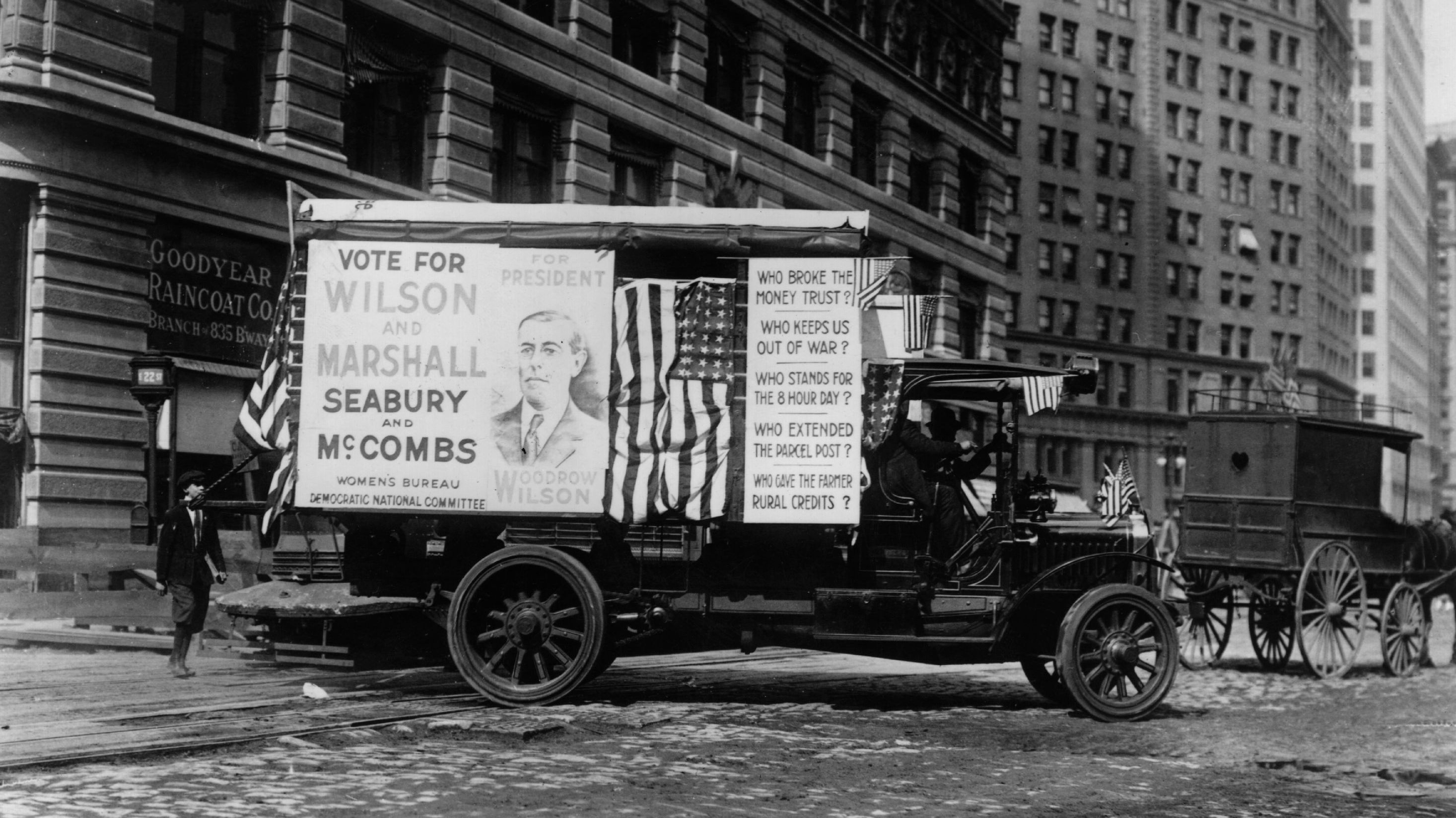 An election campaign car, backing incumbent Woodrow Wilson for president in 1916 in New York.