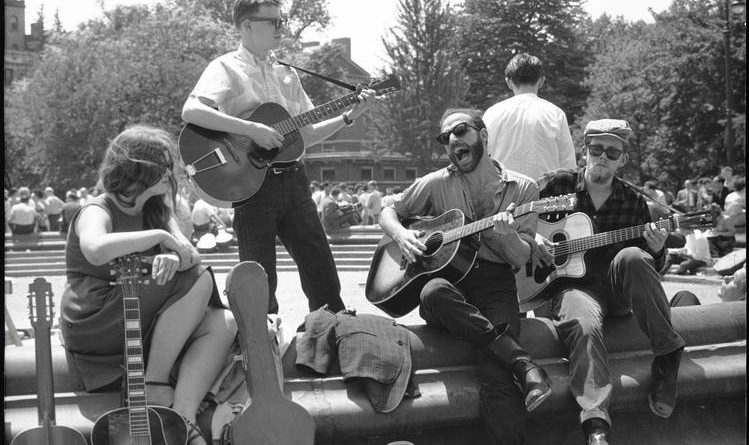 archive photo of friends playing music in Greenwich Village