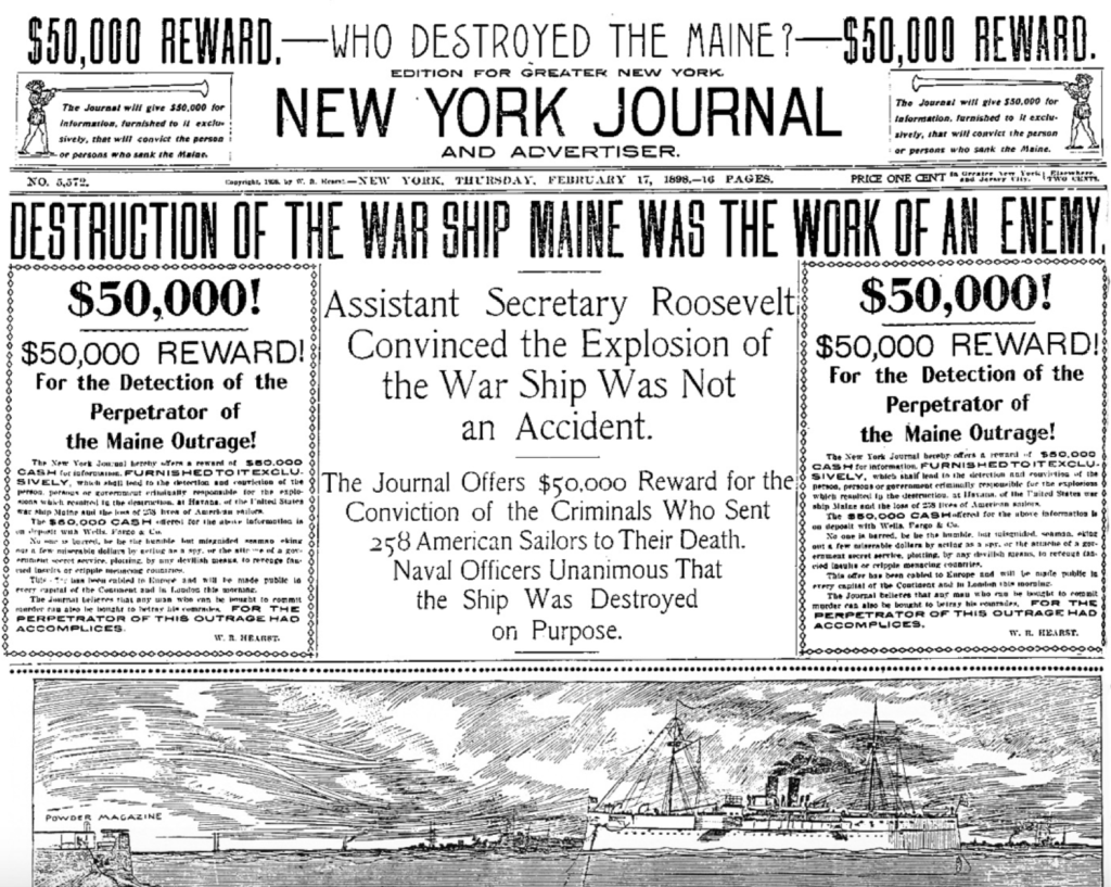 Newspaper front page about the sinking of the USS Maine on